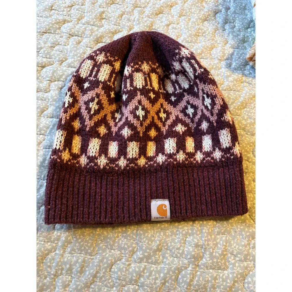 Carhartt Beanie Women OS Burgundy Excellent Fair Isle Knit Wool Blend Hat